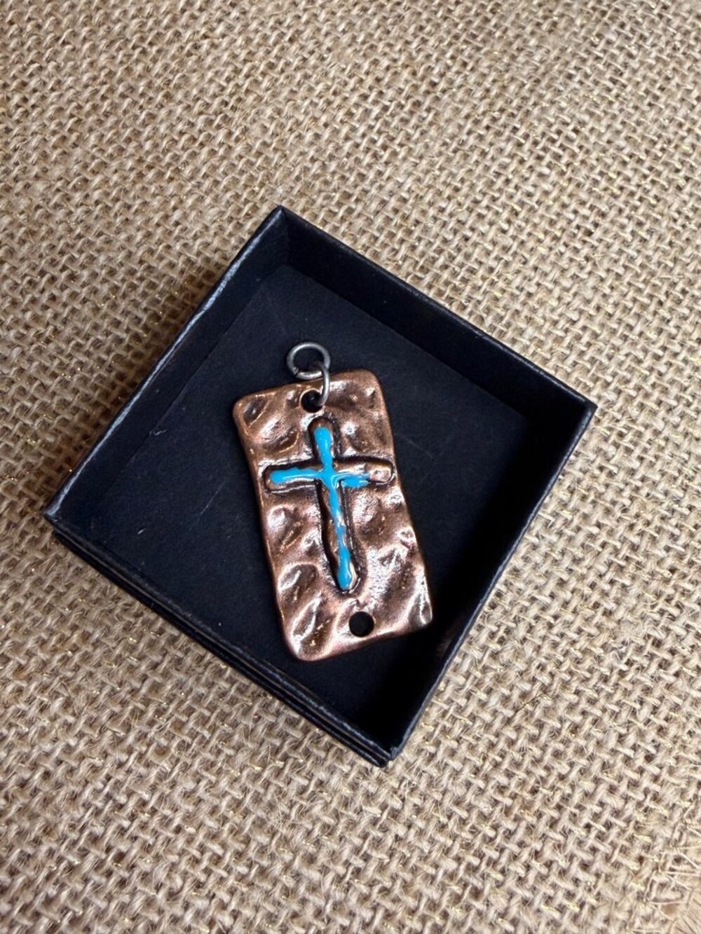 Turquoise-Inlaid Copper Cross Pendant With Rustic Textured Finish Handmade Recta